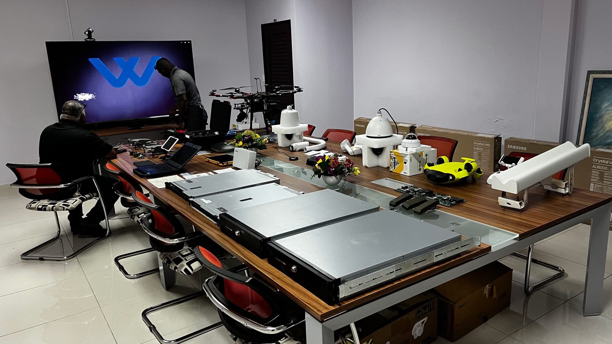 Technical workspace with aerial and monitoring equipment
