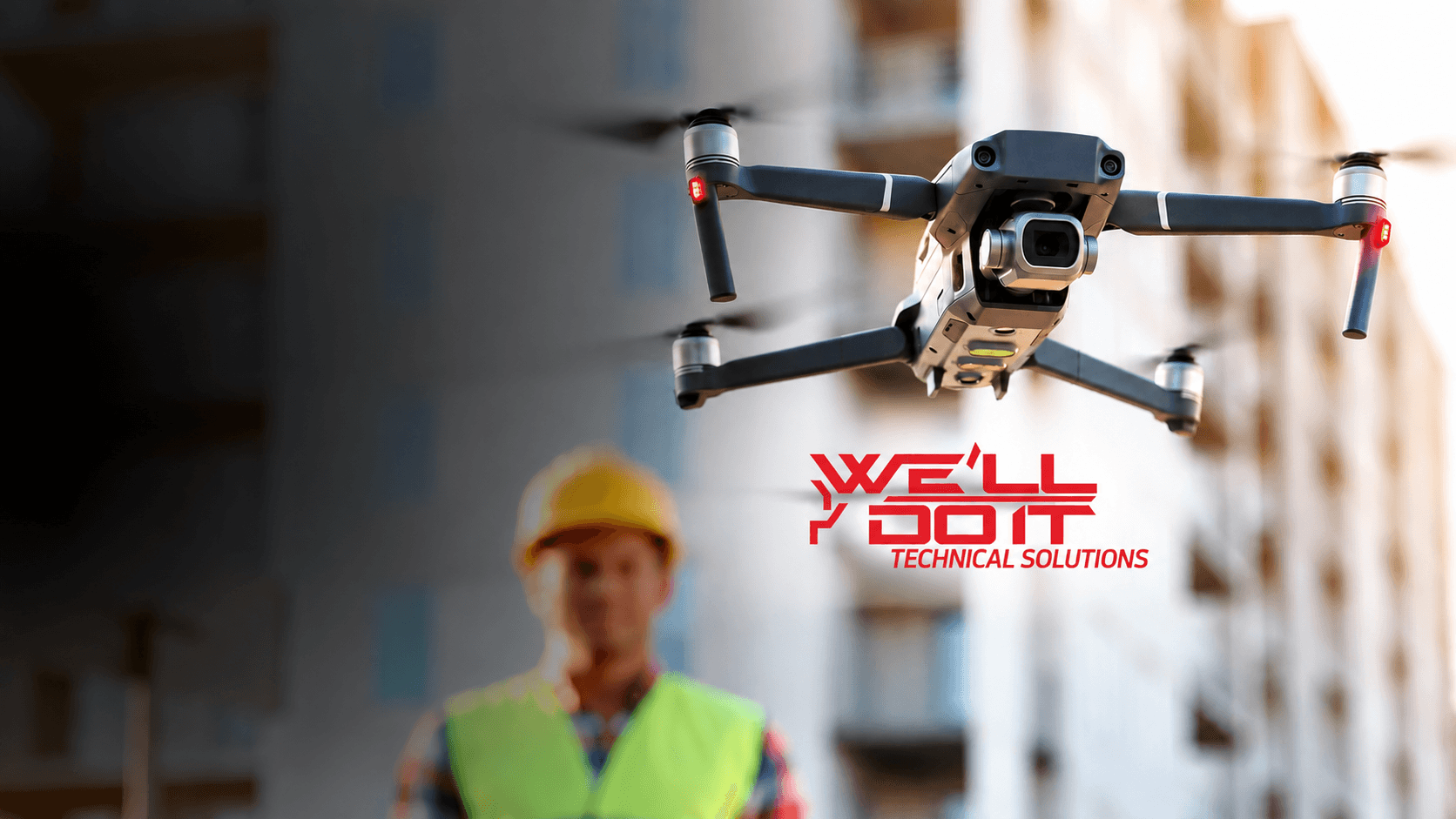 Drone in flight above a construction worker