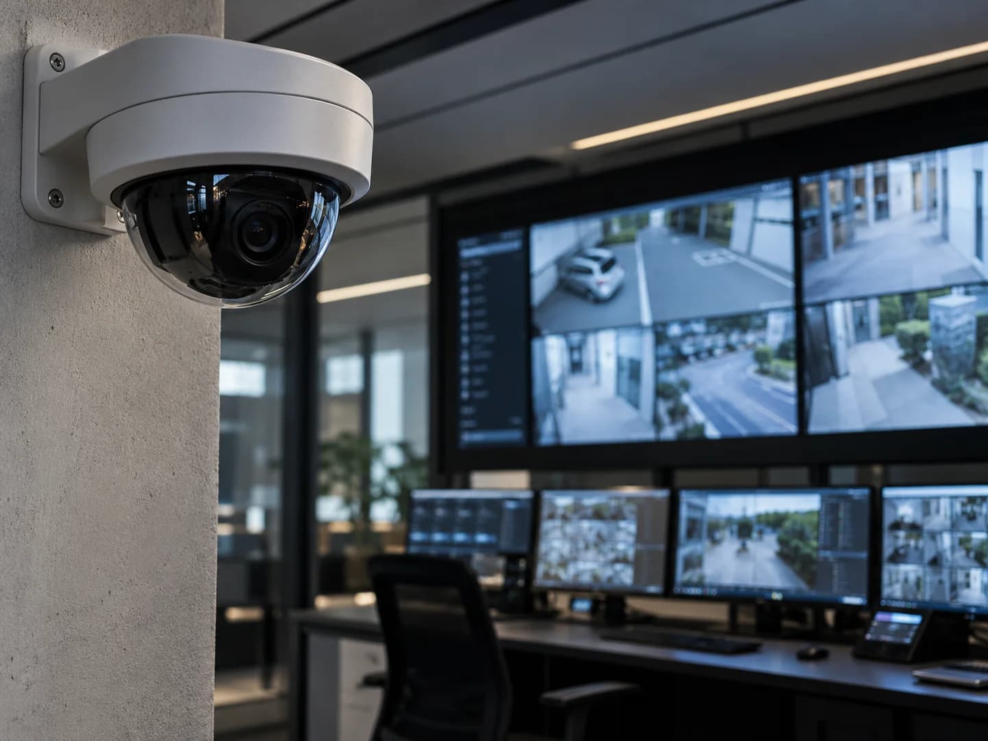 Illustrative security camera with video monitoring screens in a control room